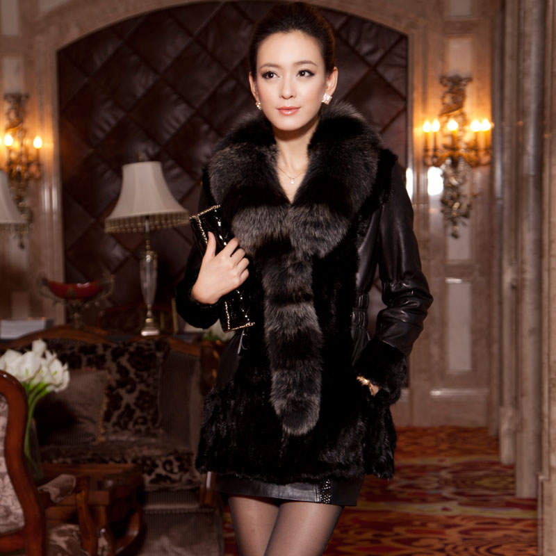 Fur mink female long design fox fur leather coat