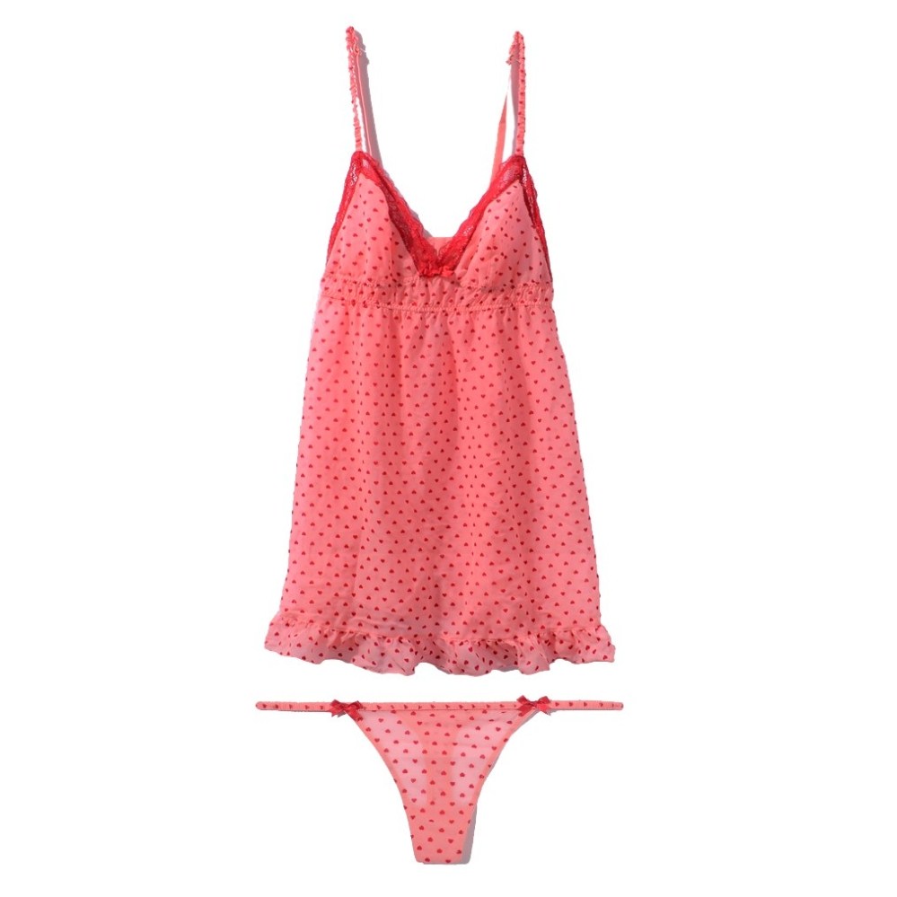 Fushia gauze sexy temptation spaghetti strap deep V-neck transparent sleeping vest set thong twinset