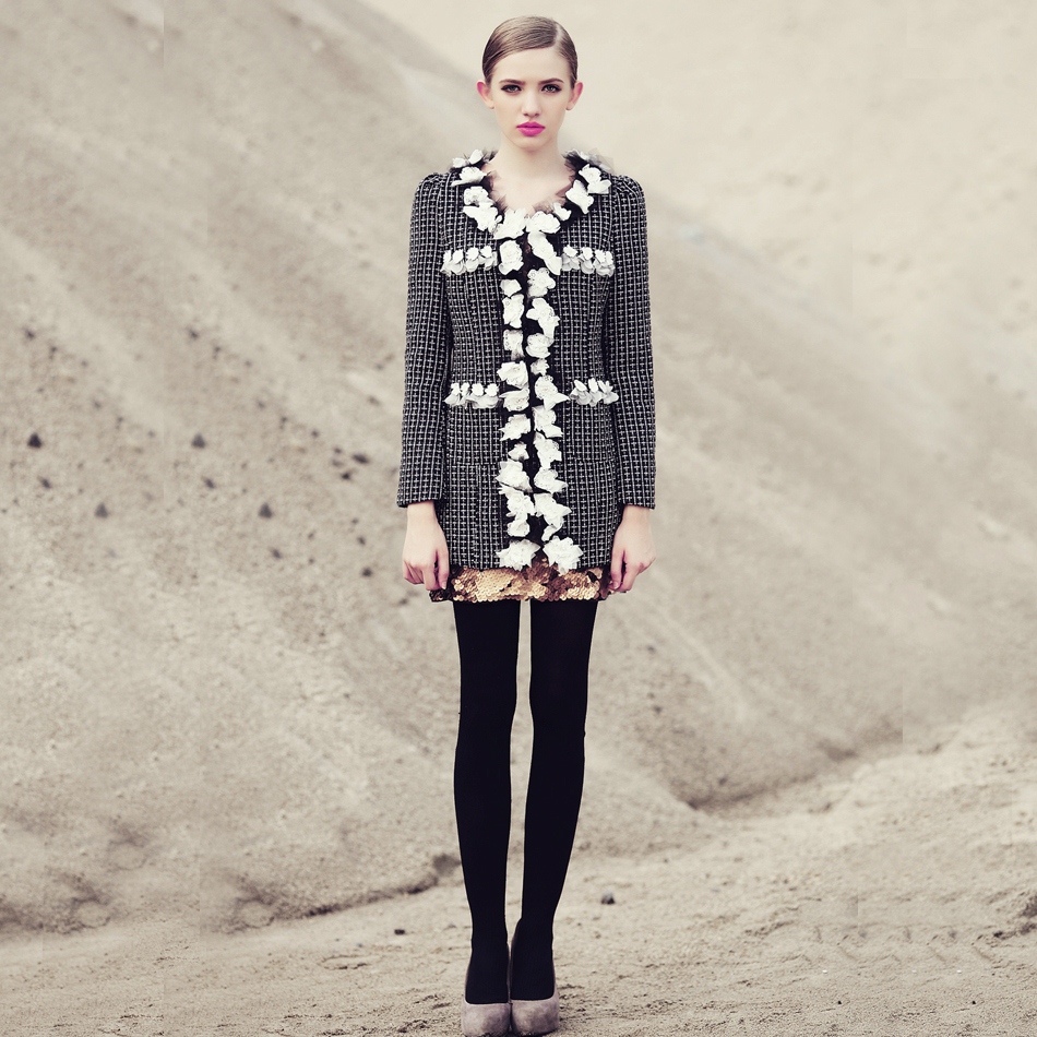 Fy1098q autumn new arrival small three-dimensional flowers elegant medium-long outerwear trench