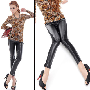 G basic 600889 real pictures with model slim legs leather patchwork leather long trousers 280g