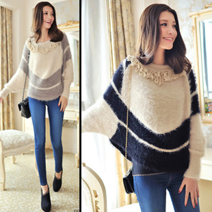 G small 6039 real pictures with model loose plus size assembling block color tassel pullover sweater 330g