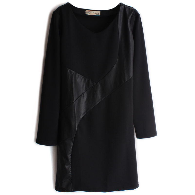 G-t 2012 new arrival Women autumn and winter fashion casual slim o-neck pure colorant match leather u long-sleeve dress