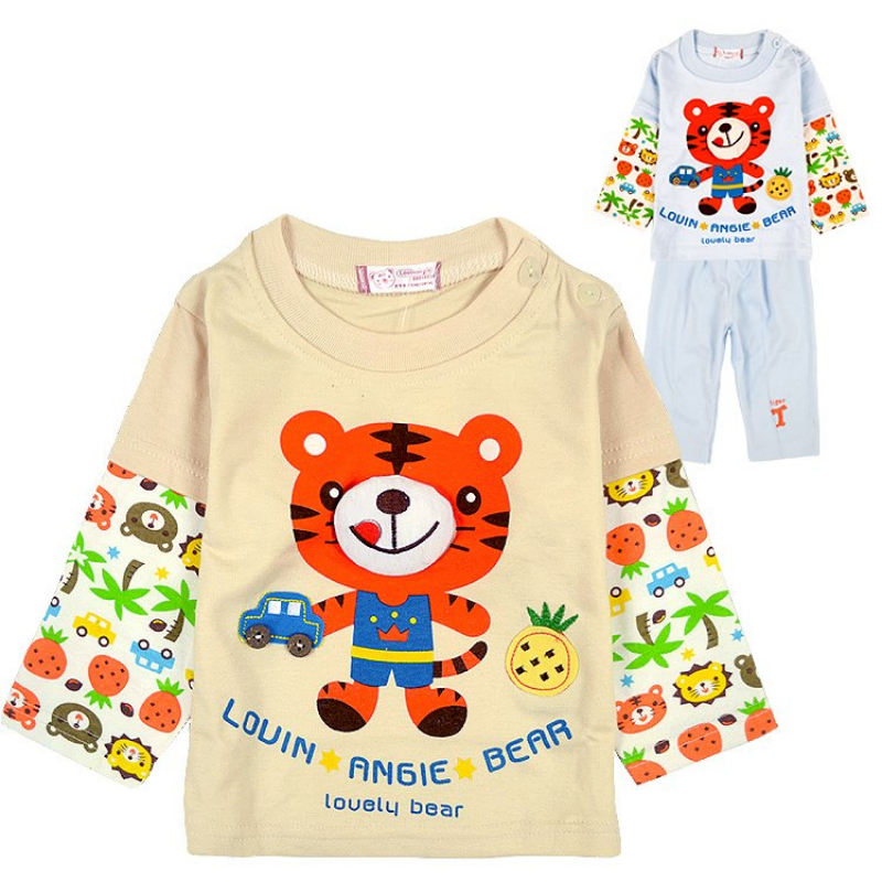 G01 male child spring and autumn 100% cotton cartoon shoulder button to open baby 100% cotton set 35