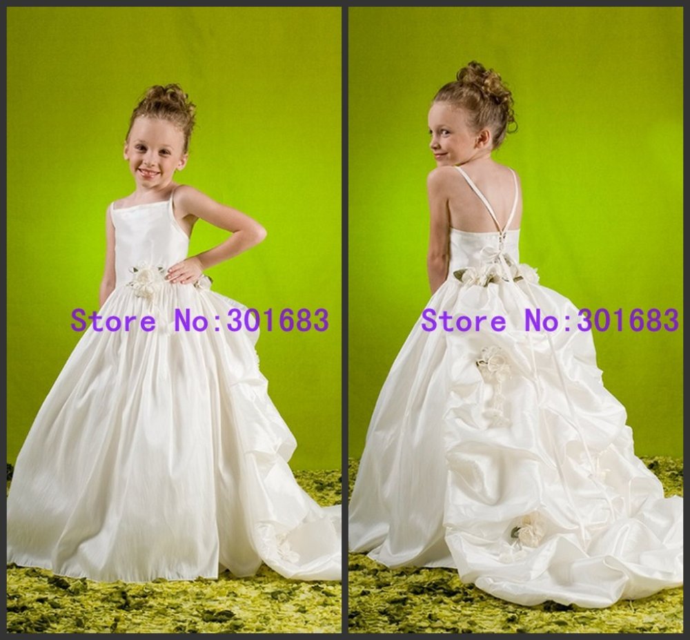 G026 Free Shipping Hot Sale A-Line Ruffle Ball Gown Beautiful White Flower Girl Dresses With Train