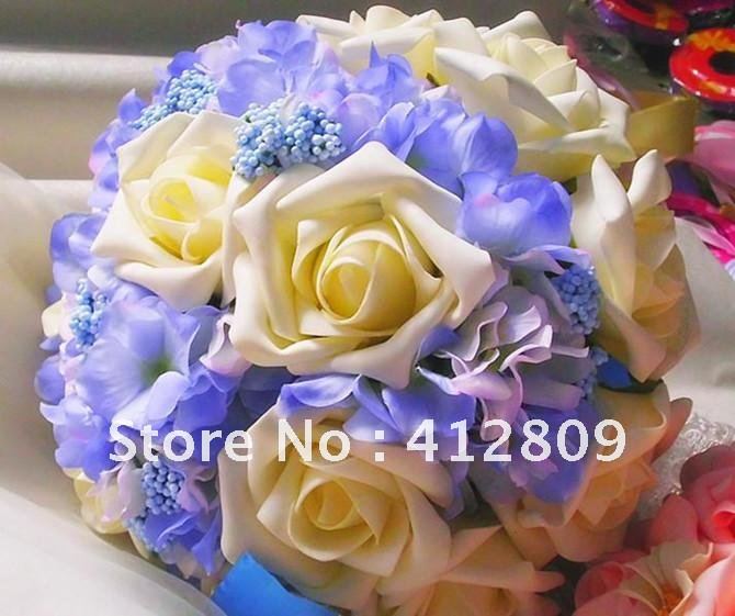 Galatea French Rose With Blue Hydrangeas Wedding Bouquet/Simulation Wreaths Free Shipping