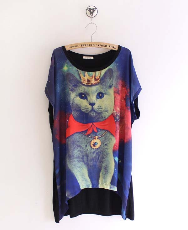 Galaxy  space cat prince with red scarf loose women asymmetric t shirt top tee/1 pieceFree shipping/Bee Fashion/GL011
