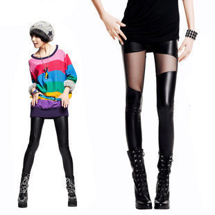 Gauze patchwork faux leather pants legging matte tights ankle length trousers female fashion pencil pants