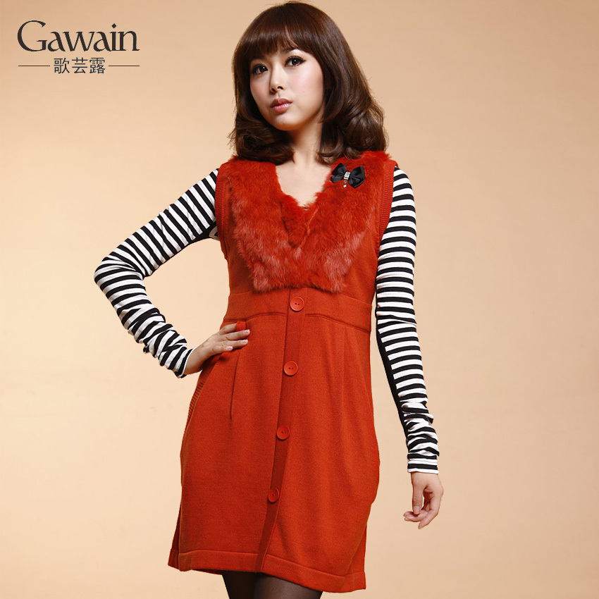 Gawain 2012 autumn gentlewomen rabbit fur sleeveless sweater dress medium-long