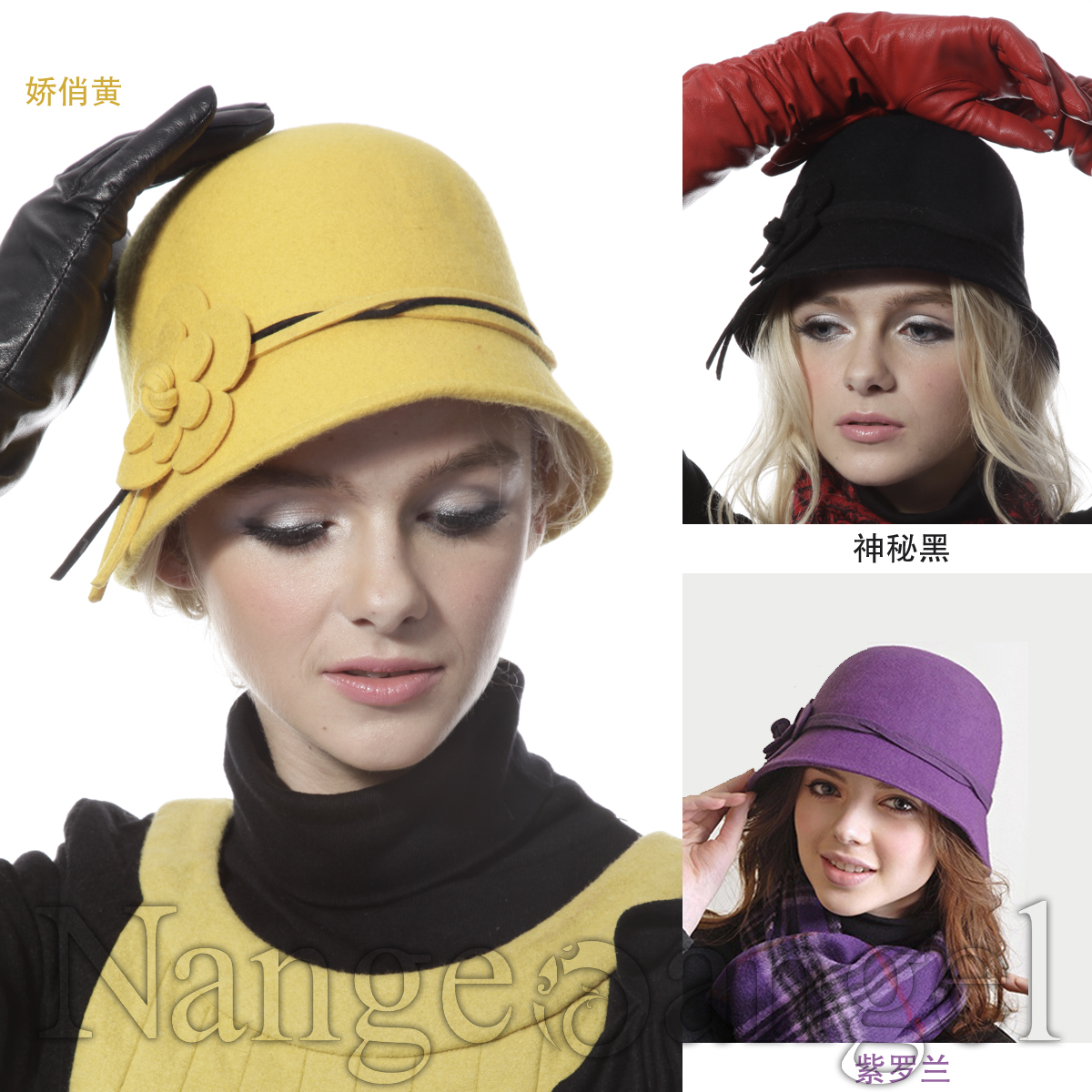 Gem flower wool cap women's shaping hat gentlewomen cap three-color