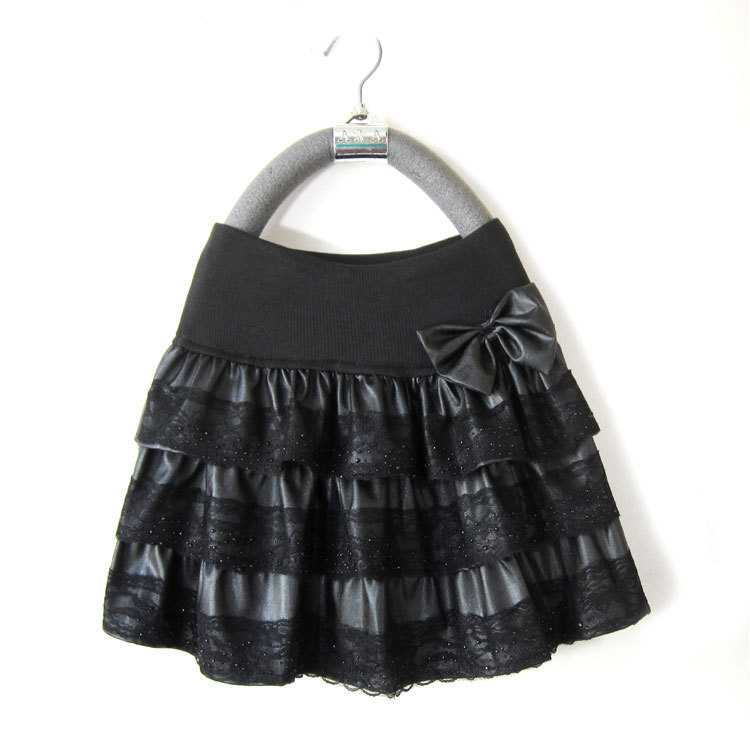 Gentlewomen bow diamond lace applique PU layered dress short skirt bust skirt 2 Leather fashion