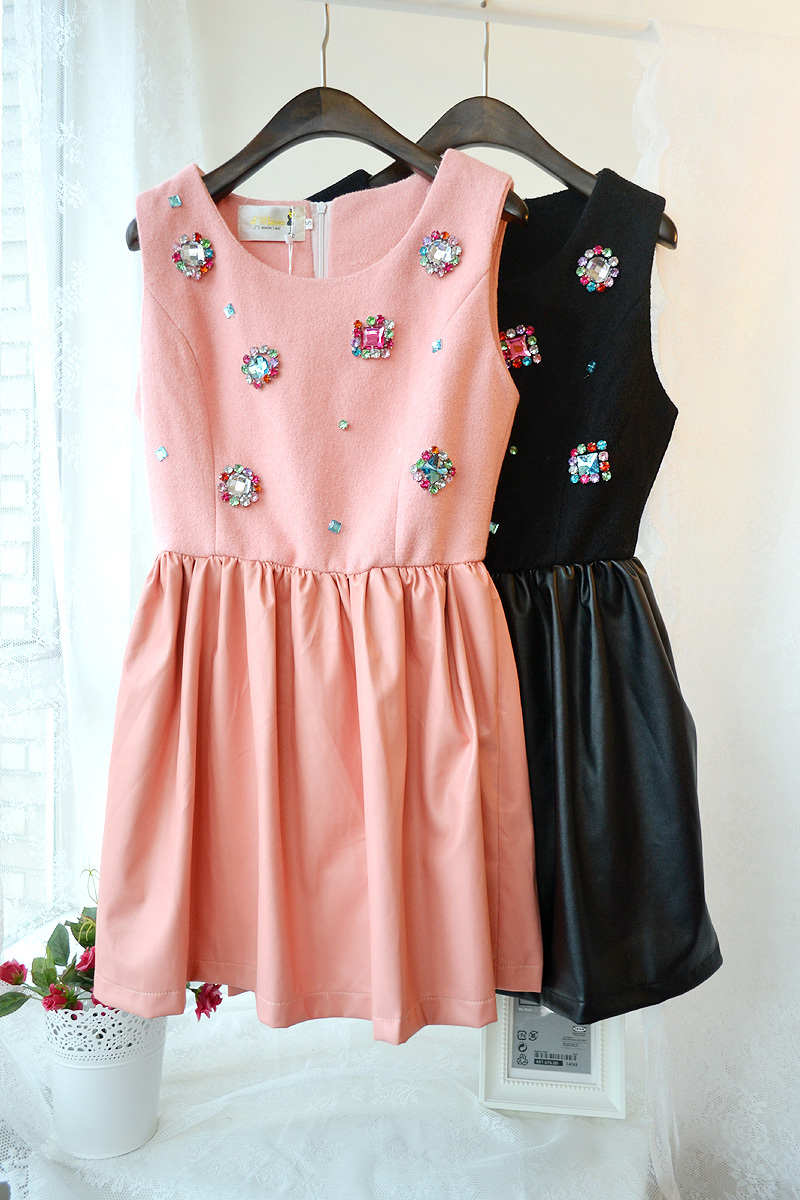 Gentlewomen multicolour gem diamond woolen leather skirt patchwork vest slim one-piece dress