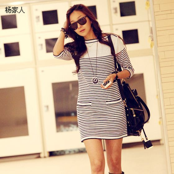 Gentlewomen sweet color block decoration fine stripe long design loose casual sweater slim hip t-shirt casual basic skirt