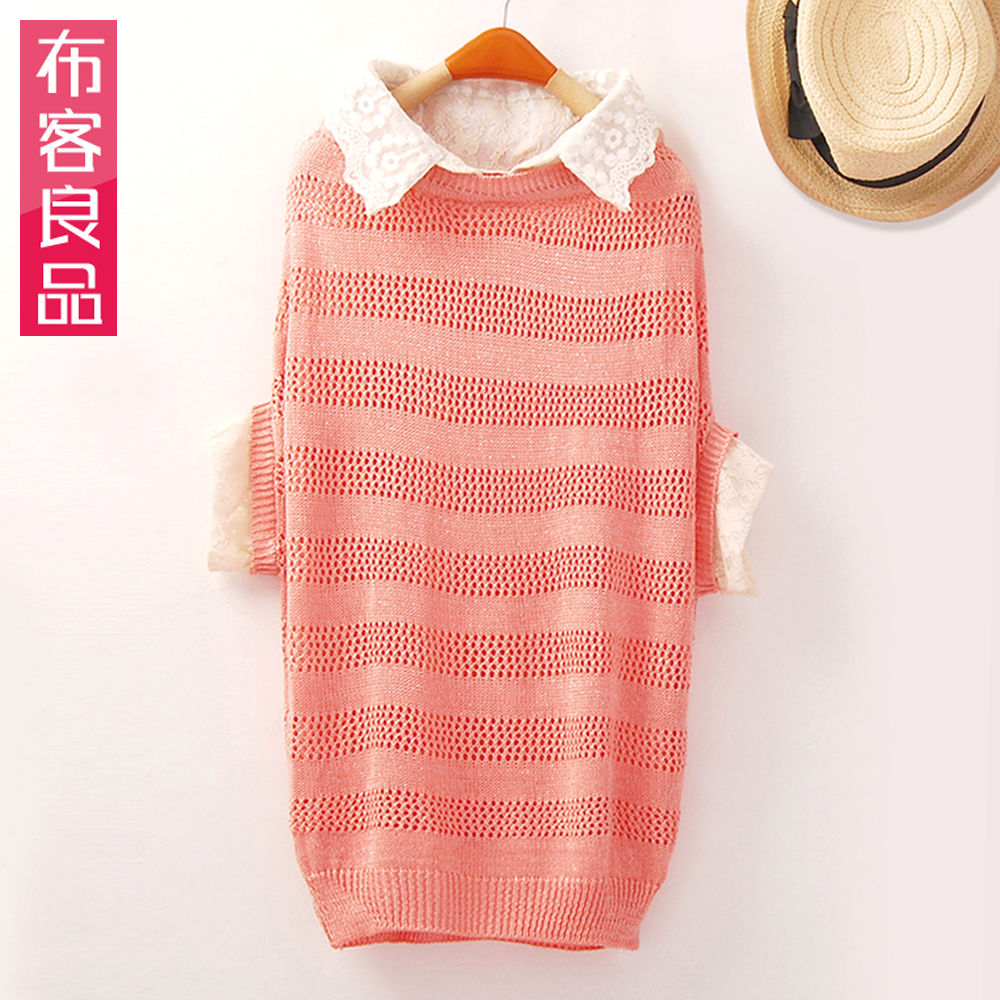 Gentlewomen sweet lace turn-down collar short design batwing sleeve short-sleeve sweater women's autumn new arrival bz8040