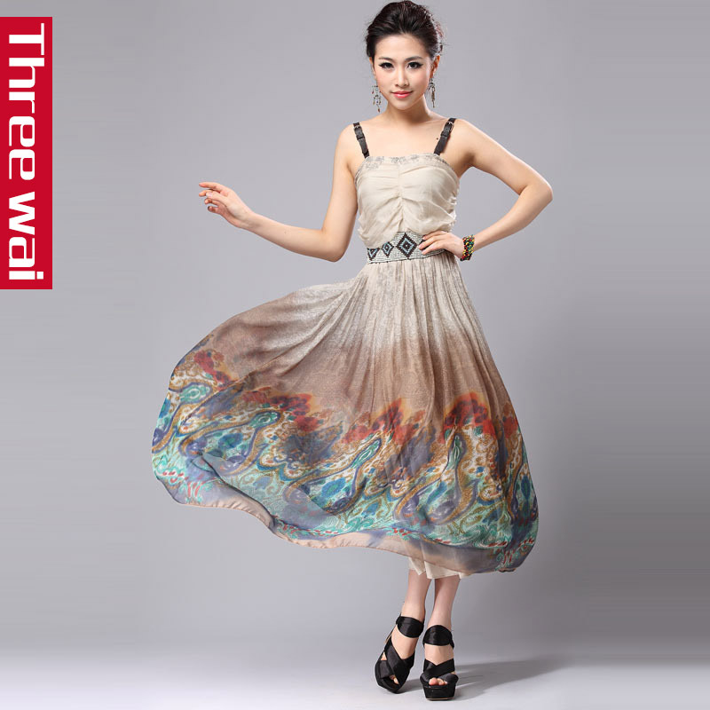 Gentlewomen threewai2012 summer spaghetti strap one-piece dress leather shoulder strap beaded spaghetti strap silk print full
