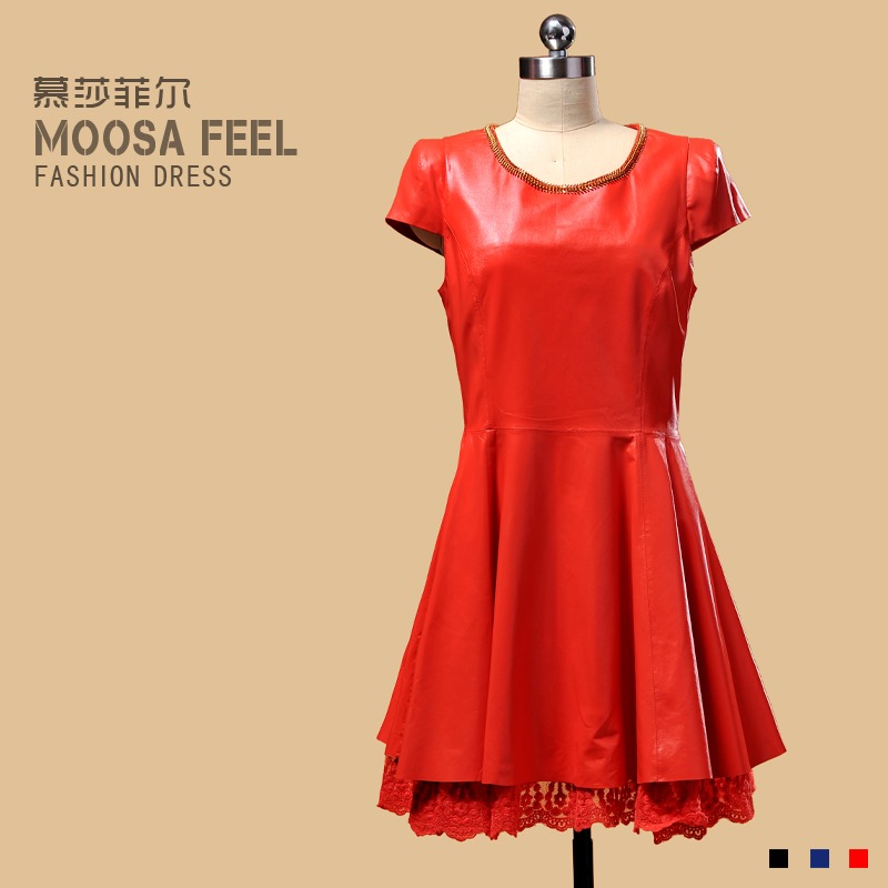 Genuine leather 2013 winter one-piece dress women's sheepskin lace skirt slim leather skirt