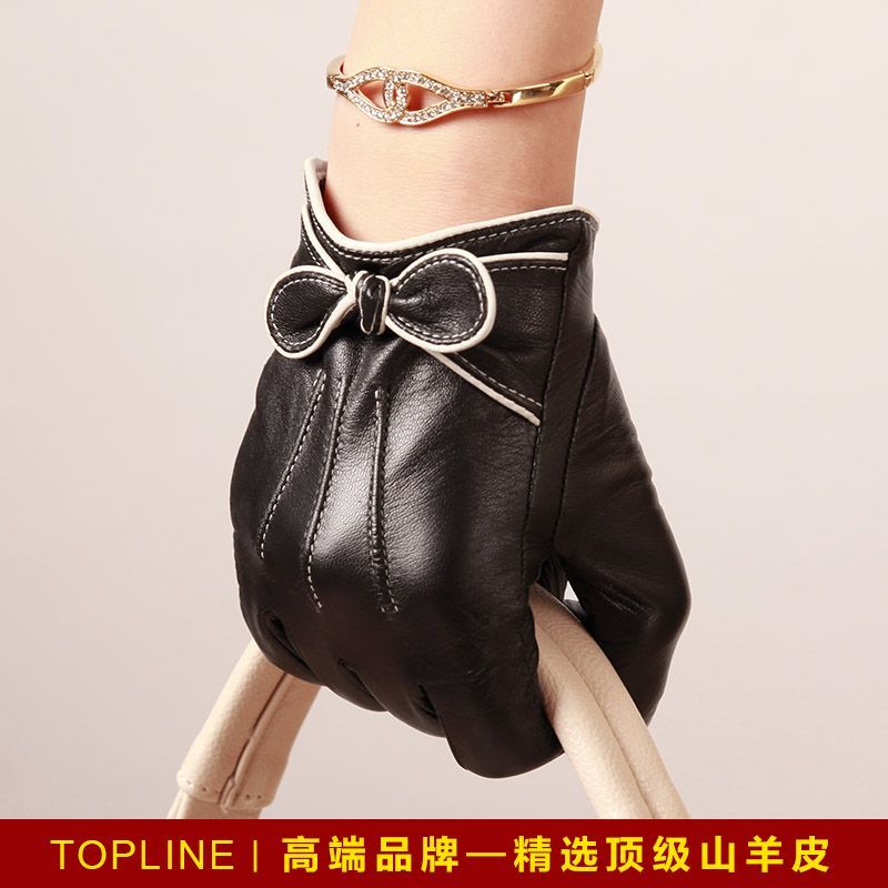 Genuine leather autumn and winter small suede gloves women's fashion bow thermal short design