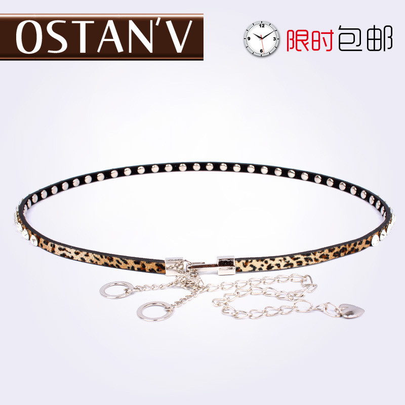 Genuine leather belt female fashion all-match leopard print decoration diamond chain decoration strap