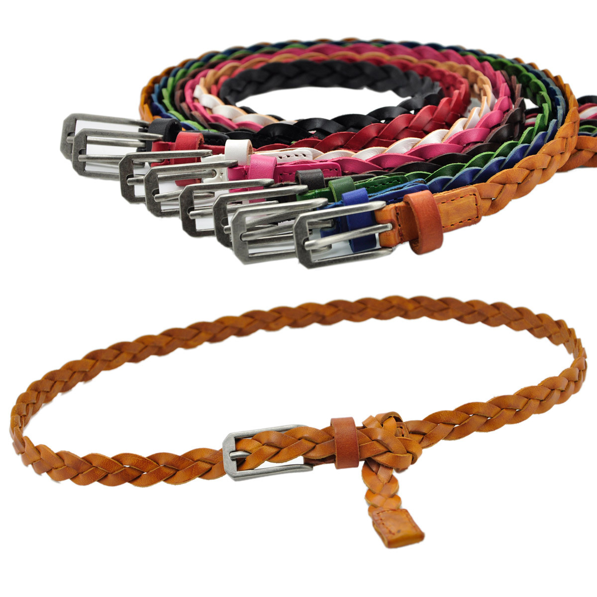 Genuine leather casual knitted women's thin belt tieclasps candy color fashion all-match vintage buckle thin belt