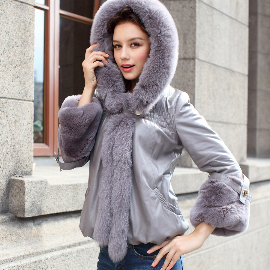 Genuine leather clothing female short design slim sheepskin plus cotton fox fur beaver goatswool lj6302
