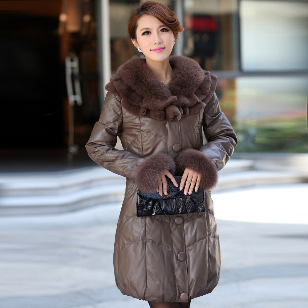 Genuine leather clothing slim female medium-long genuine leather down coat rex rabbit fox double layer fur collar