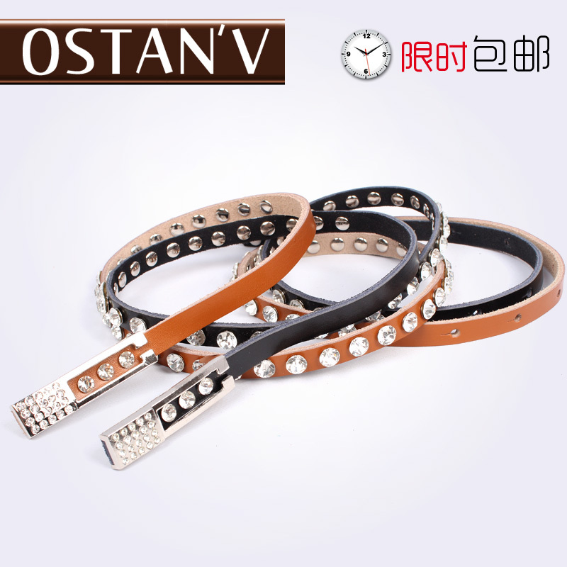 Genuine leather genuine leather strap female fashion all-match diamond-studded decoration candy color thin belt