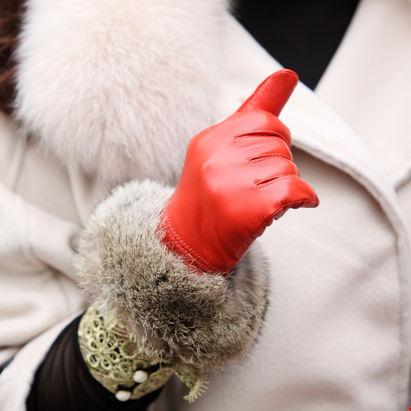 Genuine leather gloves female plus velvet thickening thermal sheepskin rabbit fur wool gloves