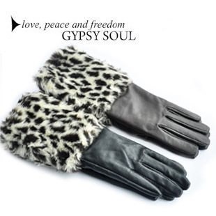 Genuine leather gloves female winter leopard print medium-long sheepskin patchwork wool thickening villus cuff
