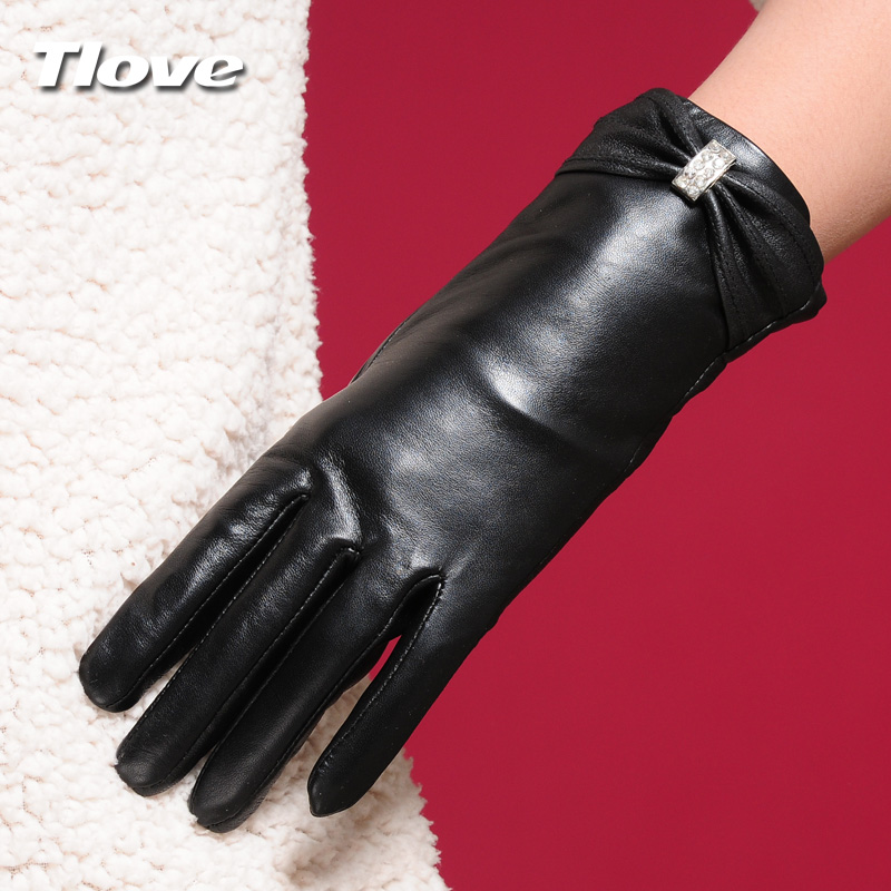 genuine leather gloves female winter thermal diamond sheepskin gloves fashion velvet thickening women's