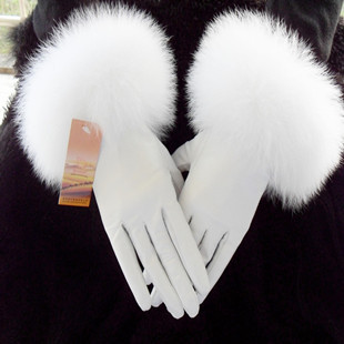 Genuine leather gloves fox fur gloves female sheepskin gloves thermal fleece lined raccoon fur white gloves FREE SHIPPING 2012