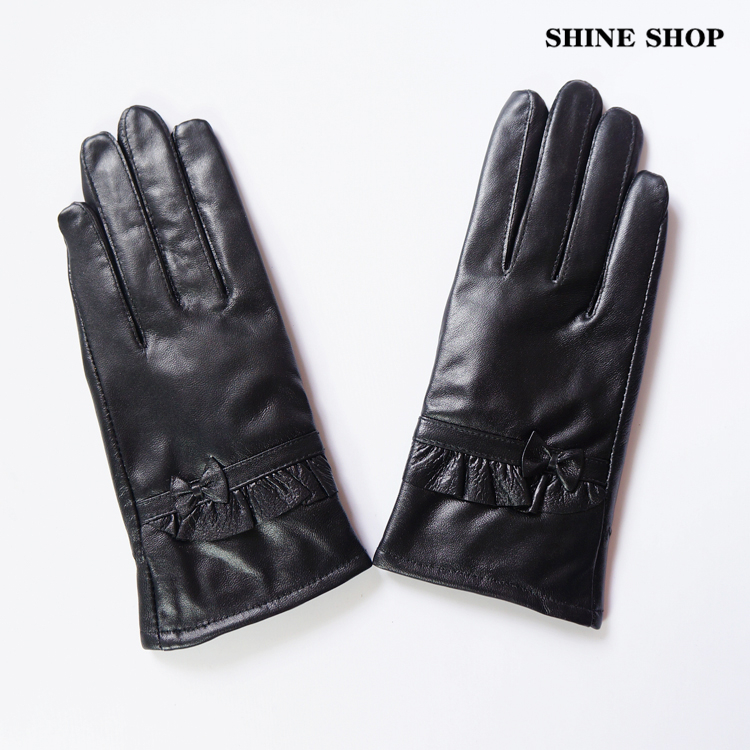 Genuine leather gloves sheepskin plus velvet thickening thermal laciness bow women's gloves