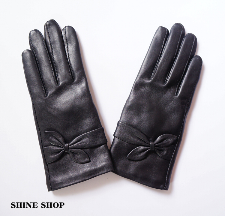 Genuine leather gloves sheepskin soft women's thermal plus velvet bow gloves