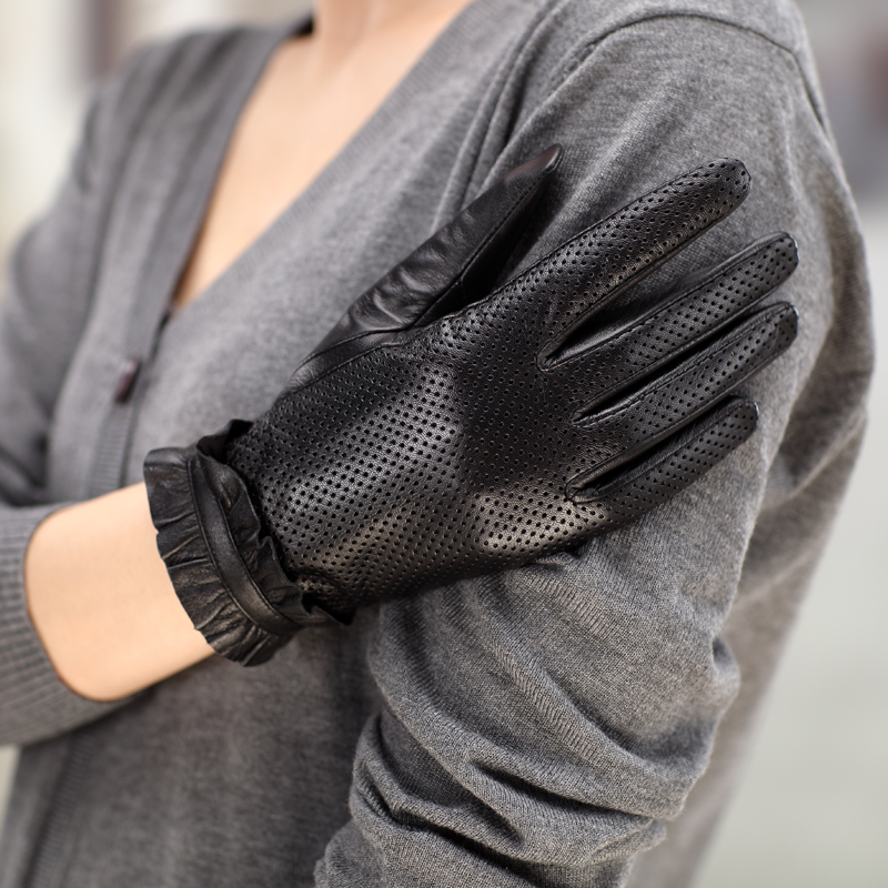 Genuine leather gloves winter women's punch thin suede gloves