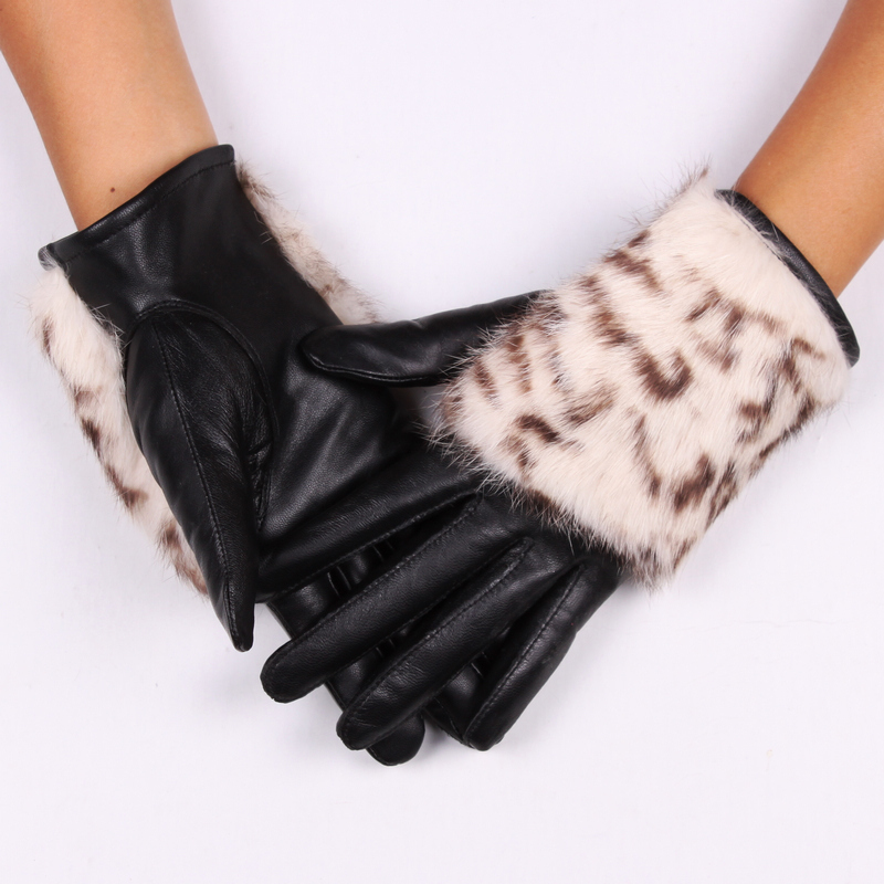 Genuine leather gloves women's winter sheepskin gloves rabbit fur leopard print short design thickening velvet fashion gloves