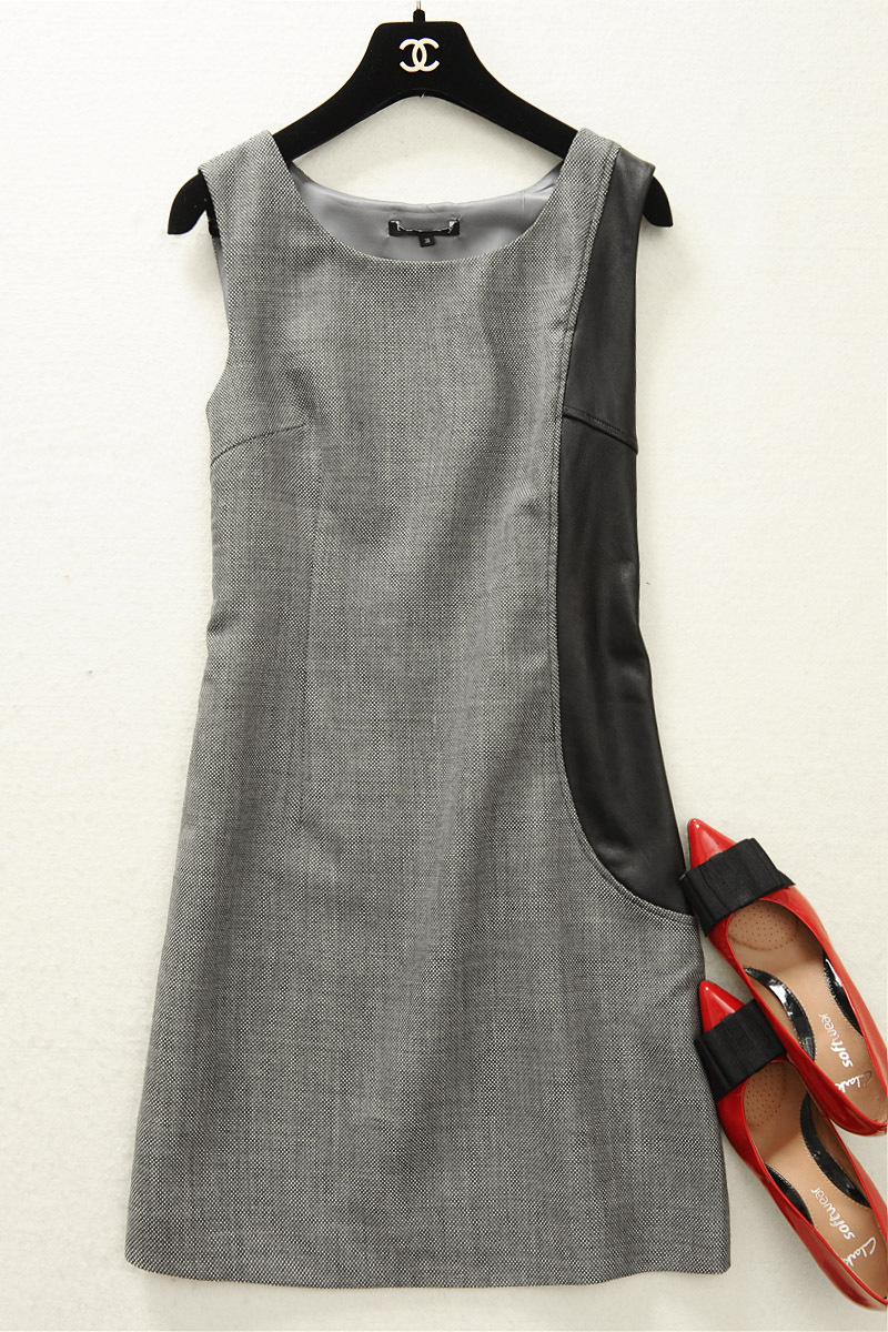 Genuine leather houndstooth wool tank dress