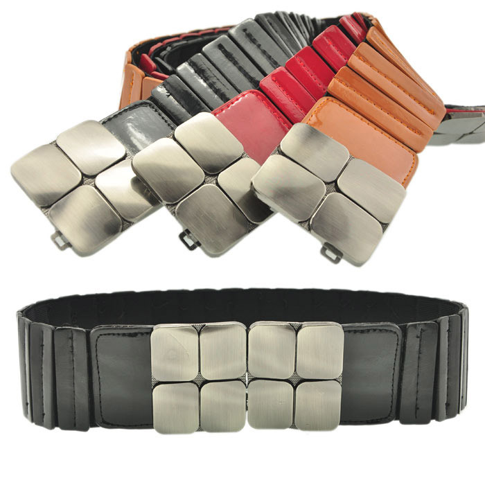 Genuine leather japanned leather brushed metal plate women wide belt fashion patchwork blade elastic women's cummerbund