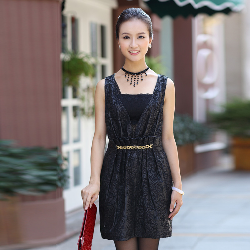 Genuine leather one-piece dress 2012 autumn embroidered genuine leather tank dress sheepskin clothes leather skirt