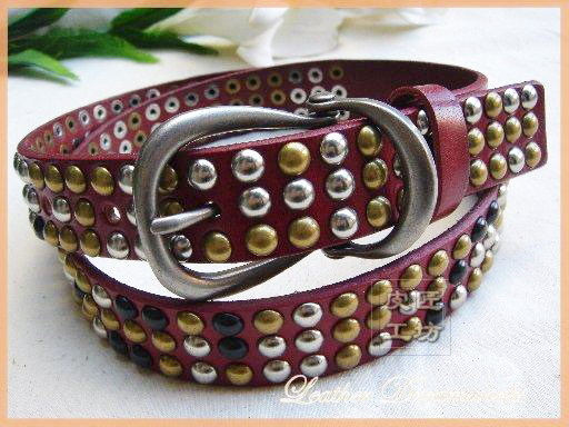 Genuine leather rivet pin buckle women's leather strap women's fashion red belt all-match belt