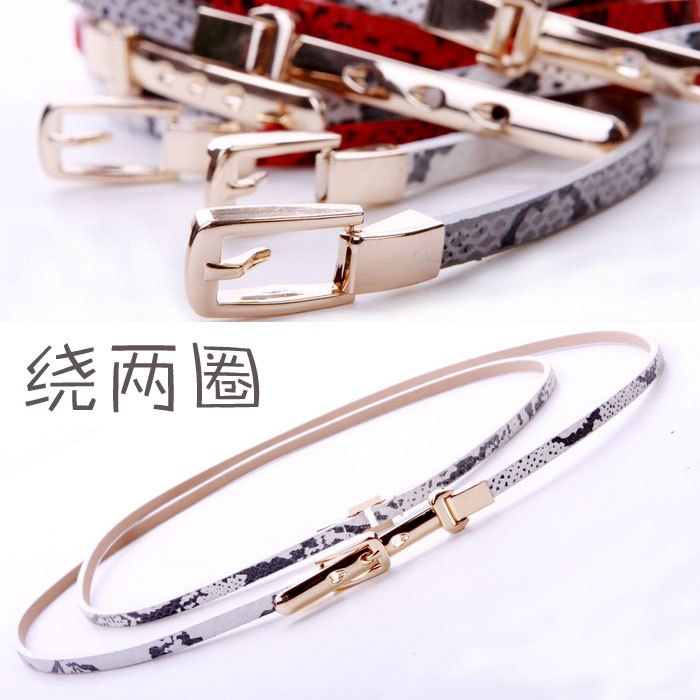 Genuine leather serpentine pattern ring double-circle exquisite metal buckle fashion double layer women's thin belt