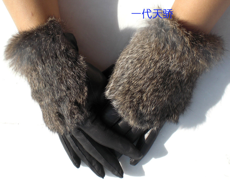 Genuine leather sheepskin female  women's  winter rabbit fur sheepskin  windproof thermal cycling gloves