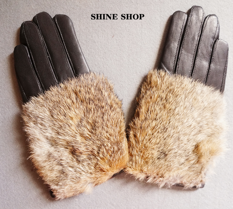 Genuine leather sheepskin gloves quality luxury fur rabbit fur gloves thermal women's gloves plus velvet