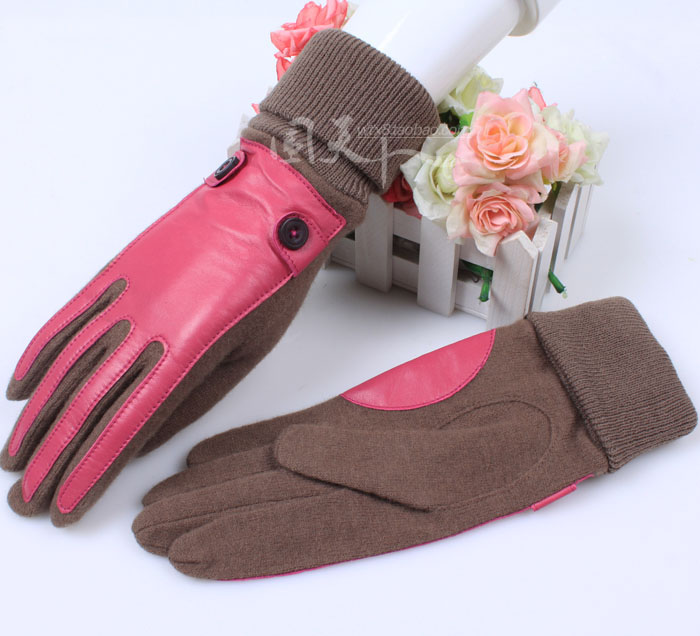 Genuine Leather Sheepskin/Wool Patchwork Buckle Screw Decoration Women's/Female Thermal Fashion Finger Gloves Free Shipping ST4