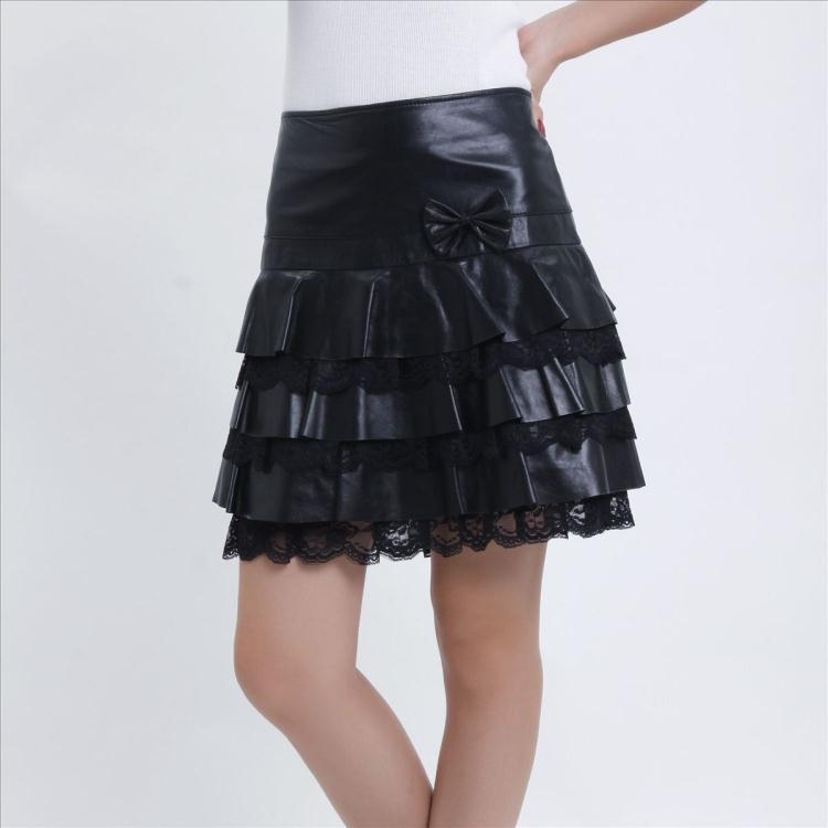 Genuine leather skirt sheepskin mini skirt layered dress