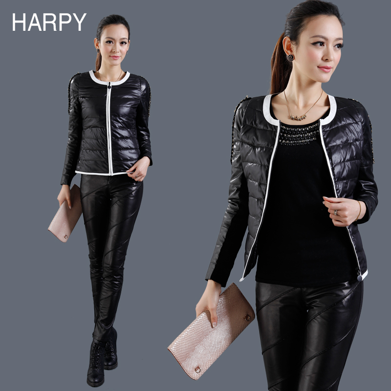 Genuine leather spring 2013 women's leather clothing o-neck down slim leather clothing outerwear