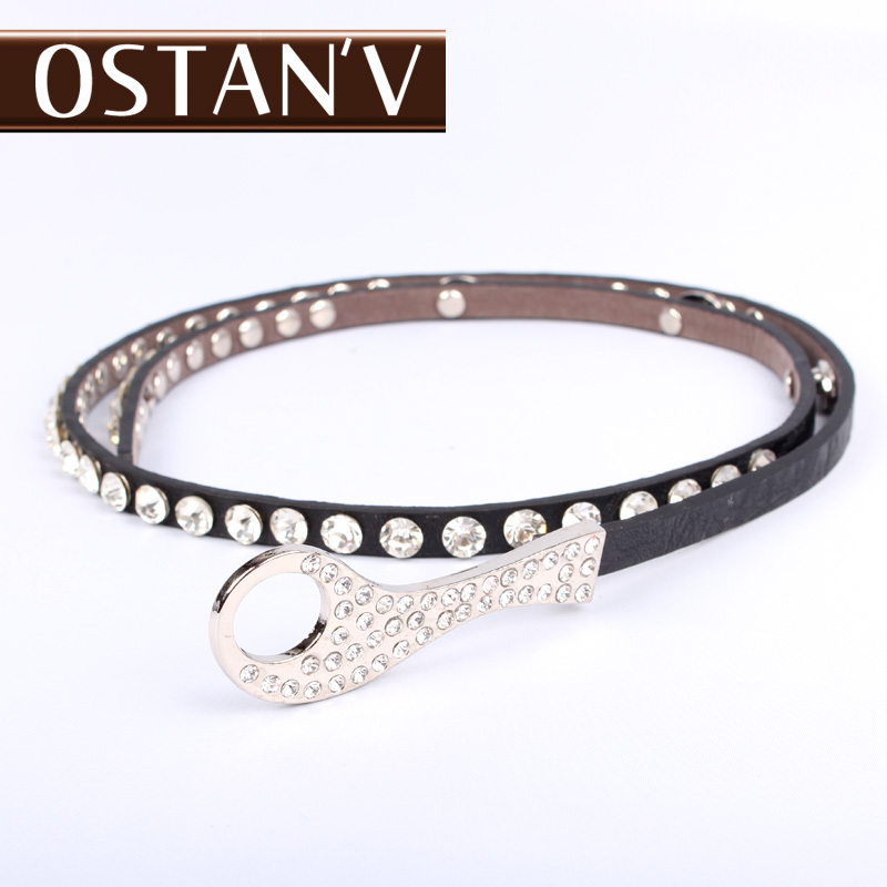 Genuine leather strap female fashion all-match decoration thin belt genuine leather rhinestone inlaying accessories belt