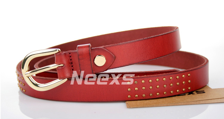 Genuine leather strap female fashion pin buckle purple red rivet the first layer of leather belt