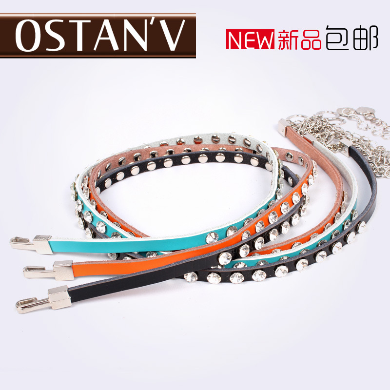 Genuine leather strap women's all-match fashion candy color thin belt decoration diamond belly chain