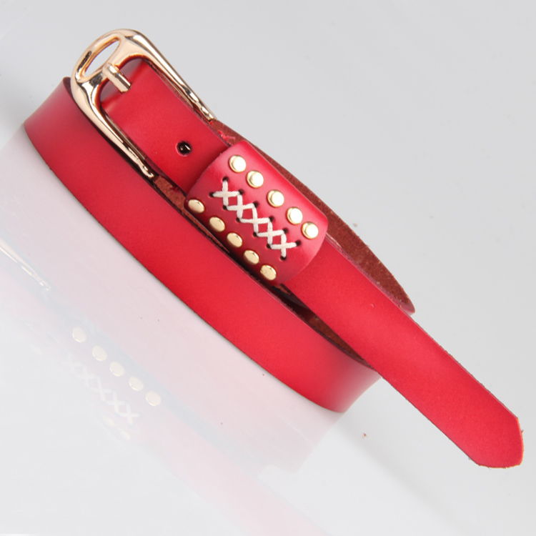 Genuine leather strap women's personality rivet pin buckle cowhide thin all-match belt Free shipping by CPAM