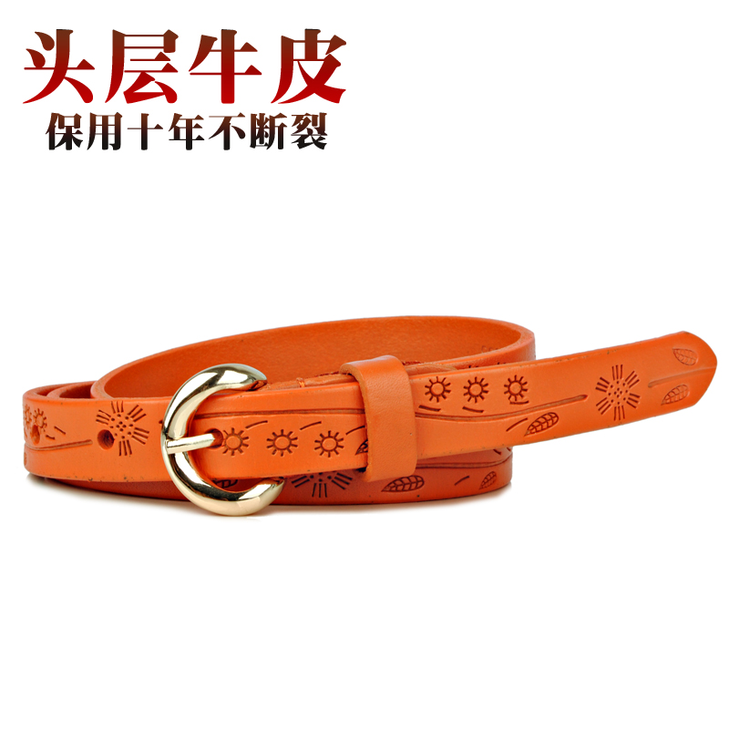 Genuine leather thin belt female casual carved first layer of cowhide women's strap