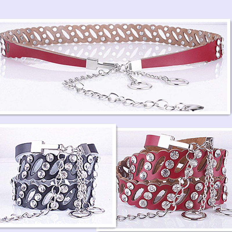 Genuine leather thin belt women's cutout rhinestone full rhinestone cowhide decoration belly chain strap