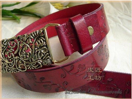 Genuine leather vintage carved buckle women's strap genuine leather red belt fashion
